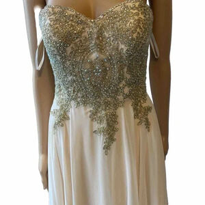 LENOVIA USA PROM DRESS Evening Gown Party Ivory Gold Lace Gemstone Midi Lady S